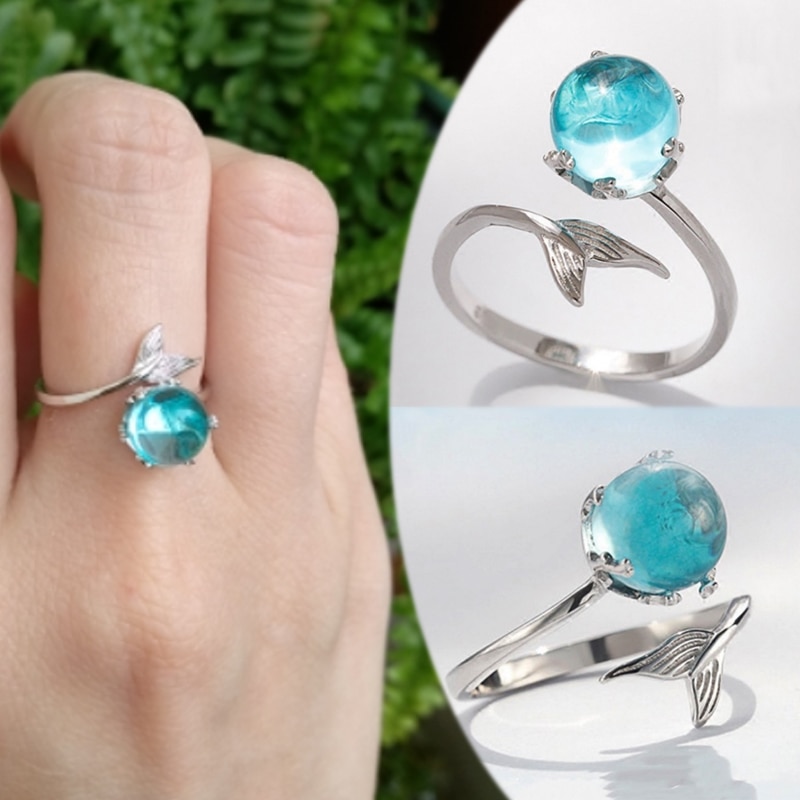 Anillo abierto de sirena para boda, sin alergias, , ajustable, cristal azul de , novedad de , 1 ud.