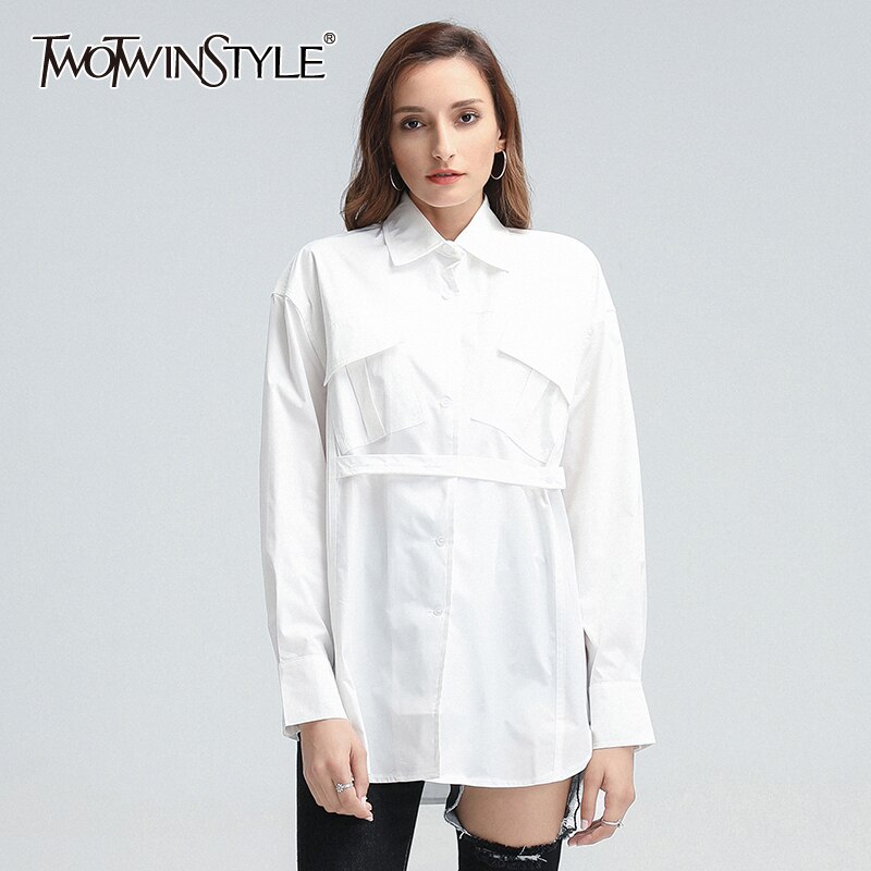 TWOTWINSTYLE Casual Loose Shirt For Women Lapel Long Sleeve Lace Up Patchwork Shirts Female Clothing Autumn
