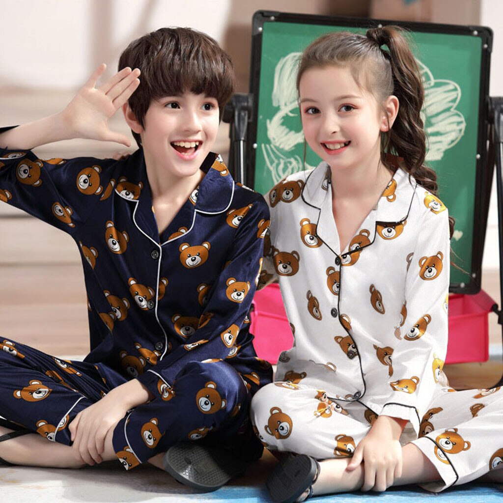 Toddler Sleepwear Outfits Boy Winter Long Sleeve Cartoon Bear Tops+Pants Pajamas Keep Warm Turn-down Collar Single Breasted D27#