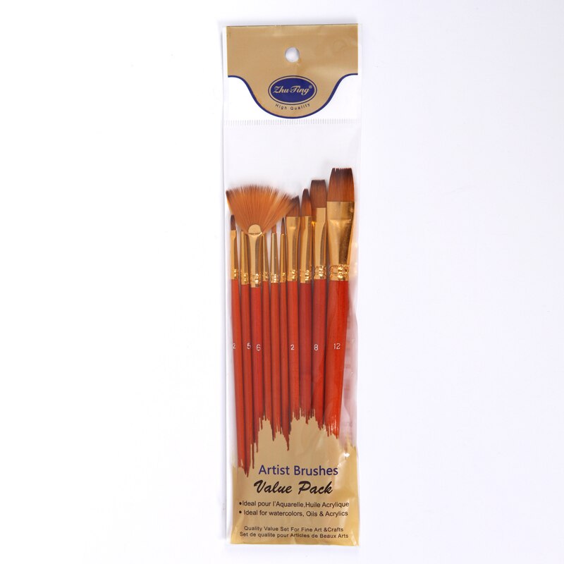 Juego de pinceles de nailon para pintura, suministros de arte , varilla corta, aceite, acrílico, pluma de acuarela, 10 unids/lote
