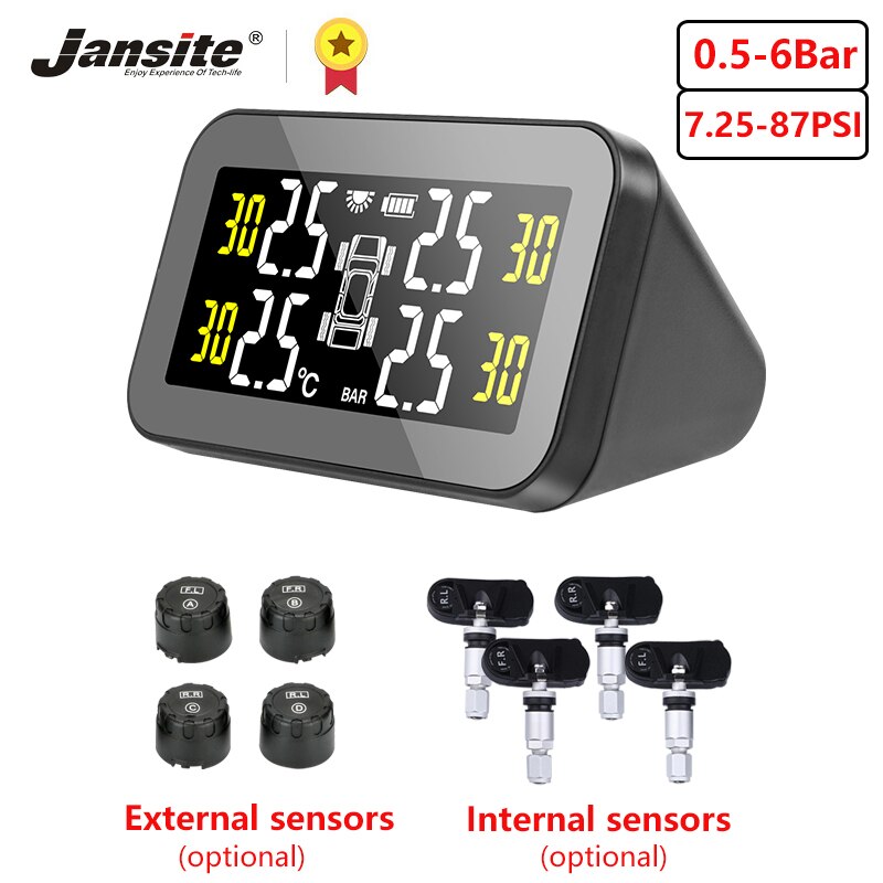 Jansite Tpms Grote Scherm Auto Bandenspanningscontrolesysteem Solar Power Auto Security Alarm 0.5-6Bar Tpms Sensor Voor sedan Auto