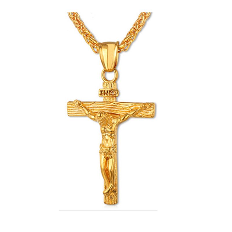 Men Chain Christian Jewelry Vintage Cross INRI Crucifix Jesus Piece Pendant & Necklace Gold Color Stainless Steel: gold