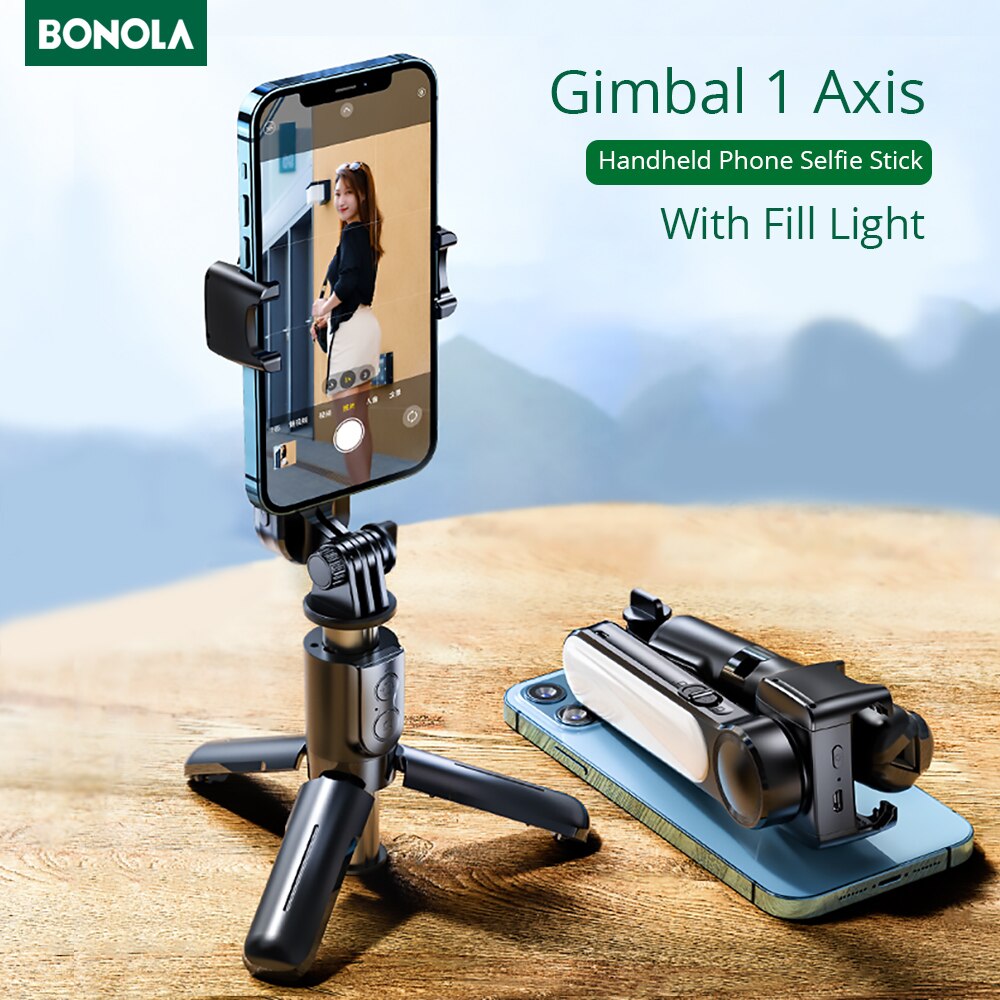 Bonola Handheld Wireless Bluetooth Selfie Stick Tripods with Fill Light for IOS/Android Foldable Smarthone Selfie Stick Gimbal