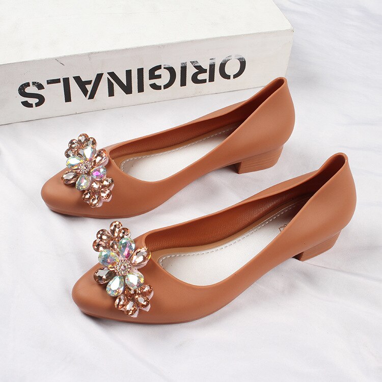 Rhinestone Flower Plastic Shoes for Women Thick Heel Waterproof Rainboots Shoes Pvc Jelly Shoes Womens for Rain: Gold / 36