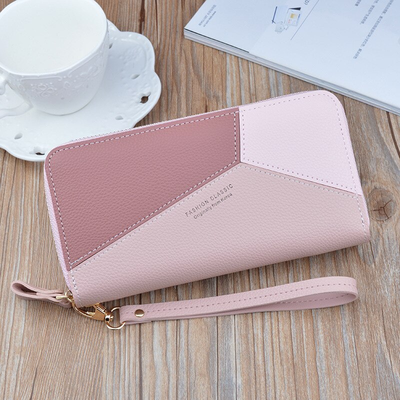 Women Zipper PU Leather Wallet Large Capacity Casual Simple Patchwork Waterproof Lady Wrist Band Handbag Card Phone Bag