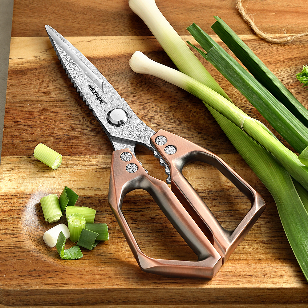 HEZHEN-Tijeras de cocina de acero damasco, 110 capas, tijeras para nueces, raspar escamas de pescado, herramientas multifuncionales para tijeras de cocina
