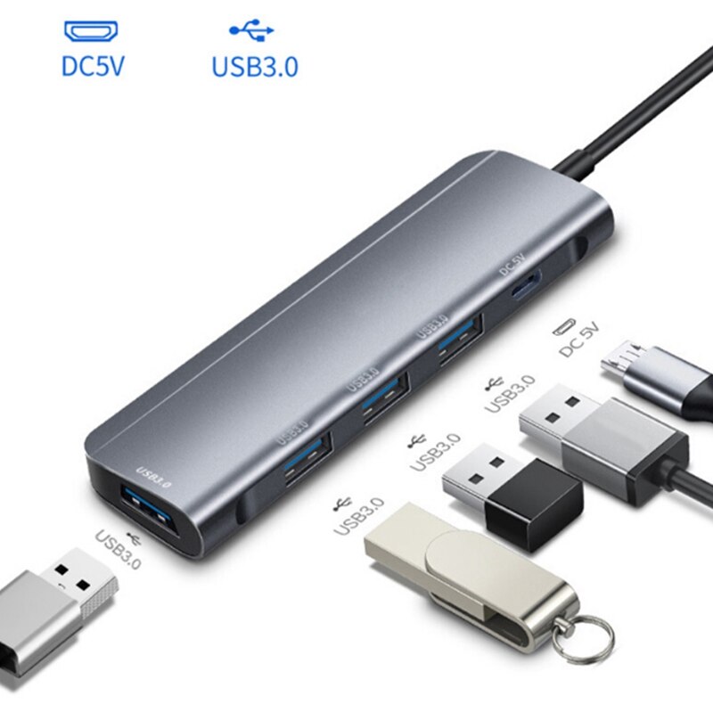 Type C USB Hub 5 in 1 USB 3.0 Port Expander Adapter Mini DC5V Charging Office Docking Station for PC Laptop