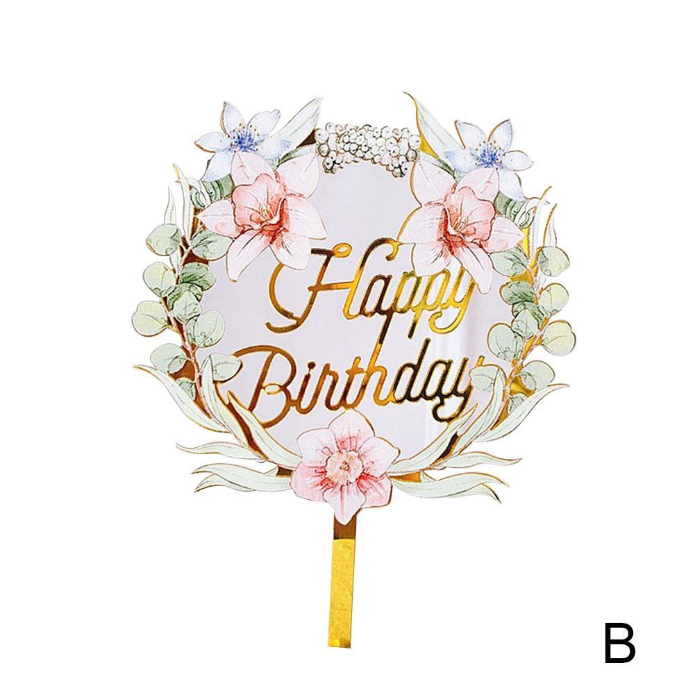 Happy Birthday Cupcake Toppers Colored Flowers Acrylic Baking Dessert Kids Party Decorations Supplies Topper Party Ca R9P5: B