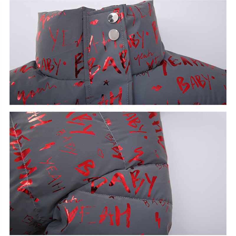 Kindermerkjas, dikke, warme parka, kleding, letters, lichtgevende reflecterende bovenkleding voor meisjes, kinderwinterjas 4-13 jaar