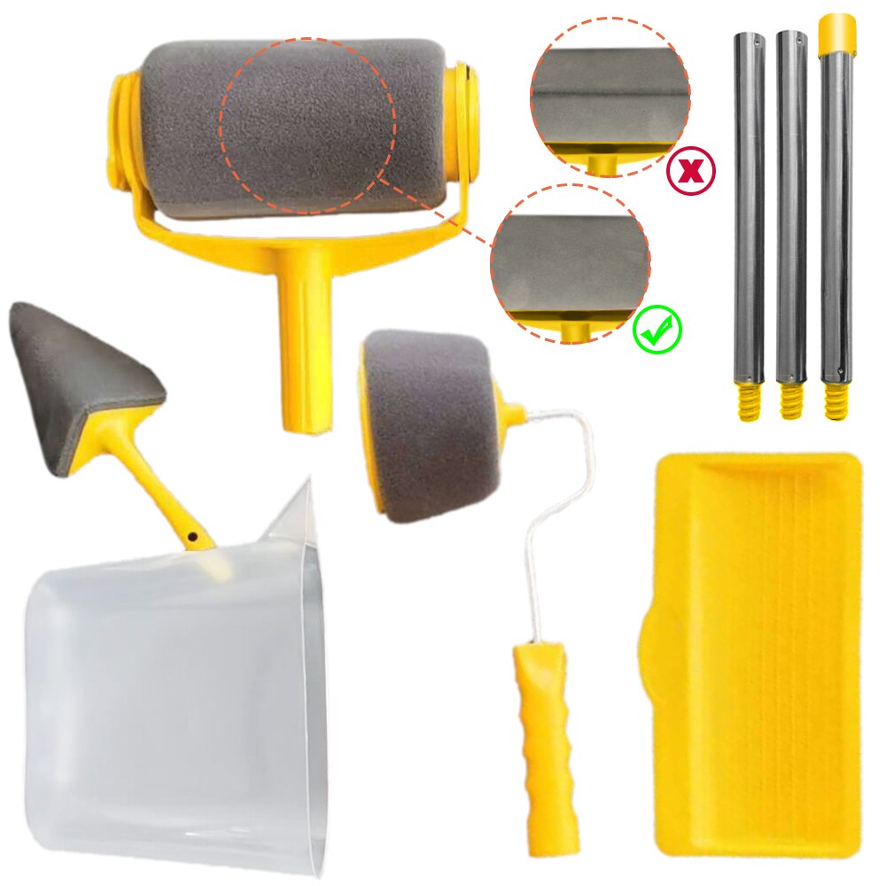 8pc/set Multi DIY Wall Paint Roller seamless Decorative Corner Brush Handle Tool Household Easy Operate Painting Brushes Kit: Yellow