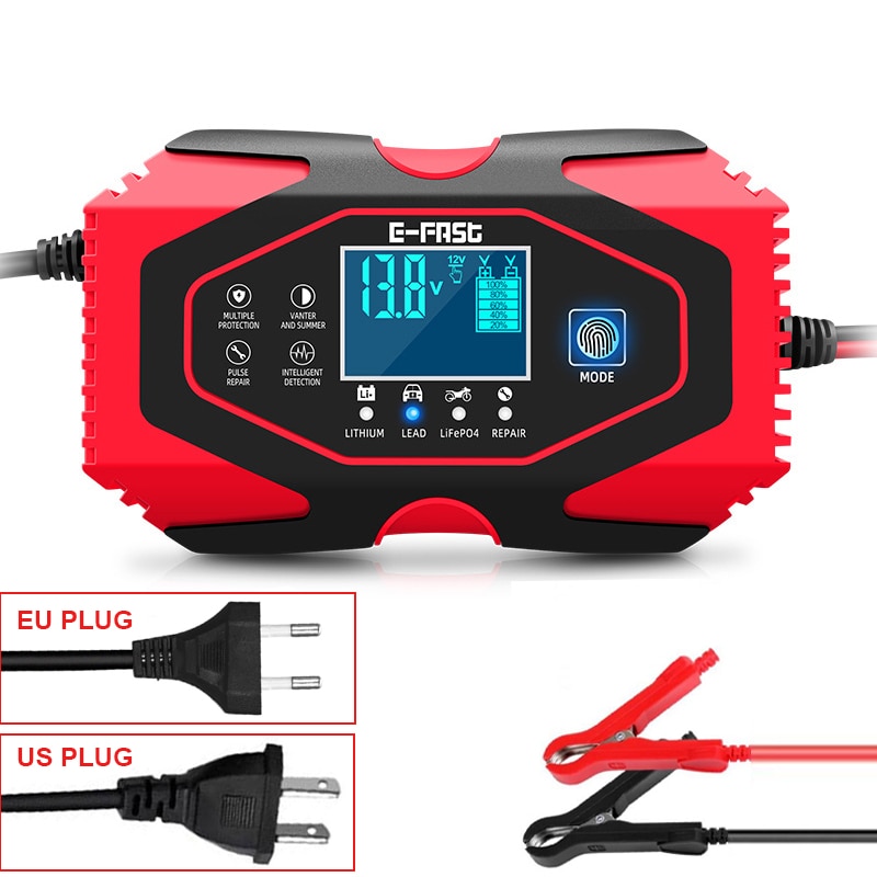 12V 24V Car Battery Charger LCD Display Lead-acid AGM GEL& Lithium LiFePO4 Battery Repair