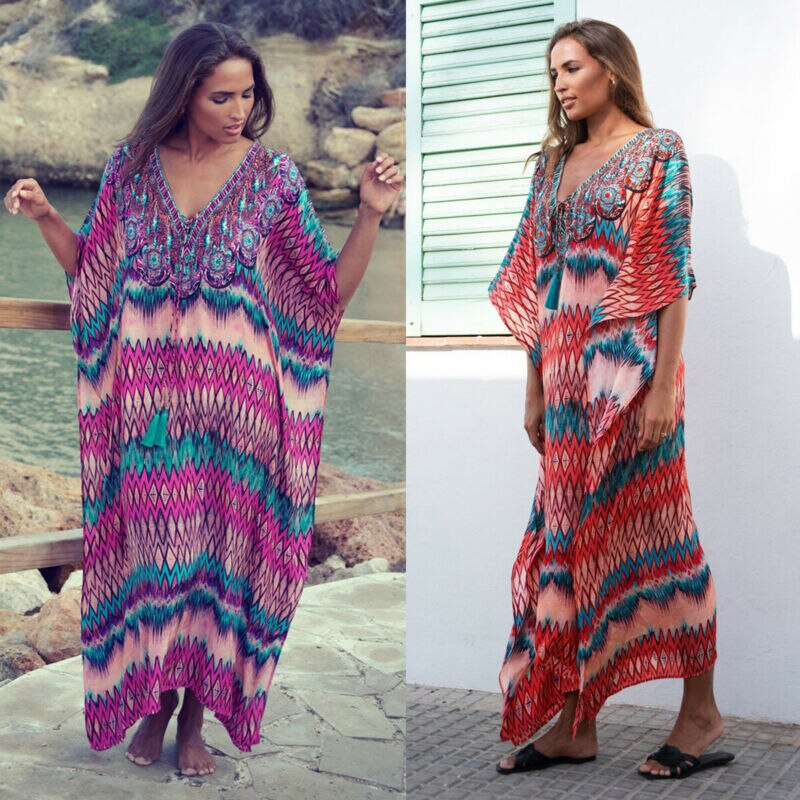 Dames boho retro bloemenprint bikini cover-up met franjes en kwastjes zomer halflange chiffon cardigan enkellange kimono cape