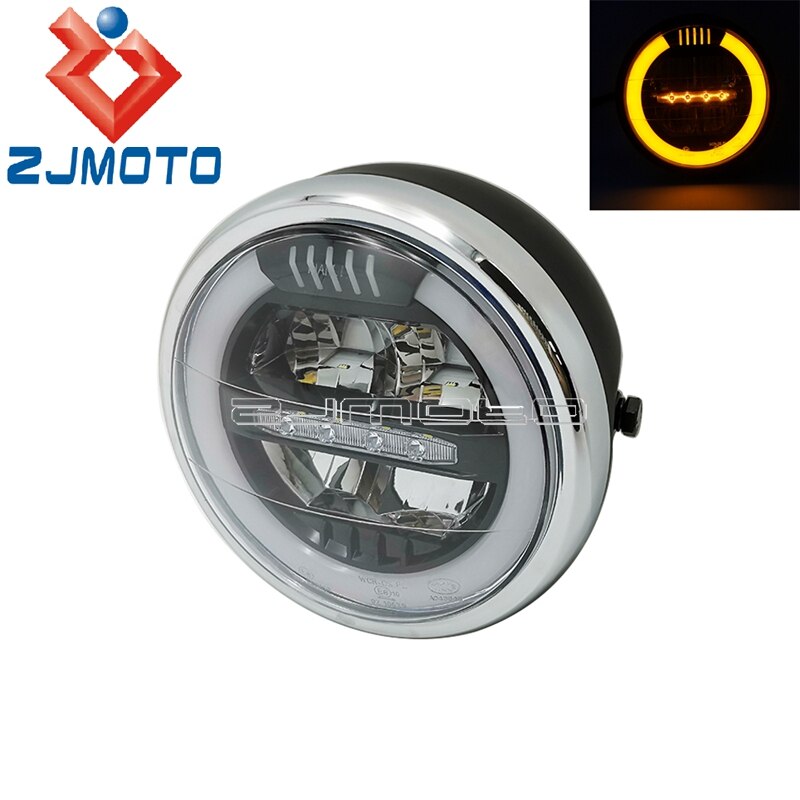 E-Mark E8 Led Motorcycle Headlight DRL Halo Built-In Radiator Led Hi/Lo Beam Headlamp For Harley Cafe Racer Bobber Chopper: chrome yellow