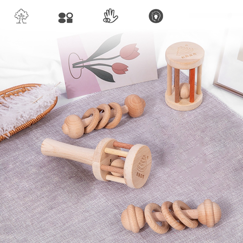 Infant Beech Solid Wood Stroller Toy Early Childhood Education Trolley Hand Rattle Early Education Wooden Comfort Toy