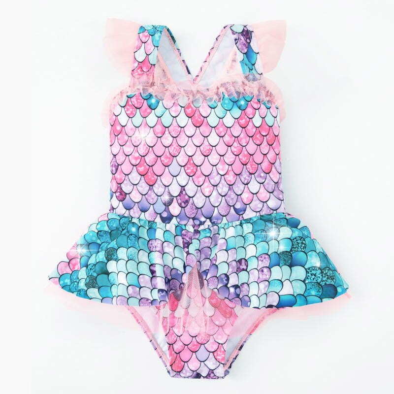 Maillot de bain à paillettes imprimé écailles de poisson pour enfants, ensemble une pièce pour filles