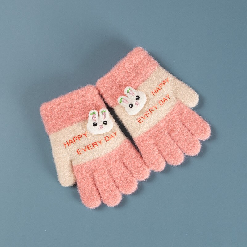 Wecute 12*6Cm Kind Winter Warm Handschoenen Voor Jongens Meisjes Kleuterschool Vijf-Vinger Handschoenen Gebreide Jacquard Leuke cartoon Zachte Kawai: Roze
