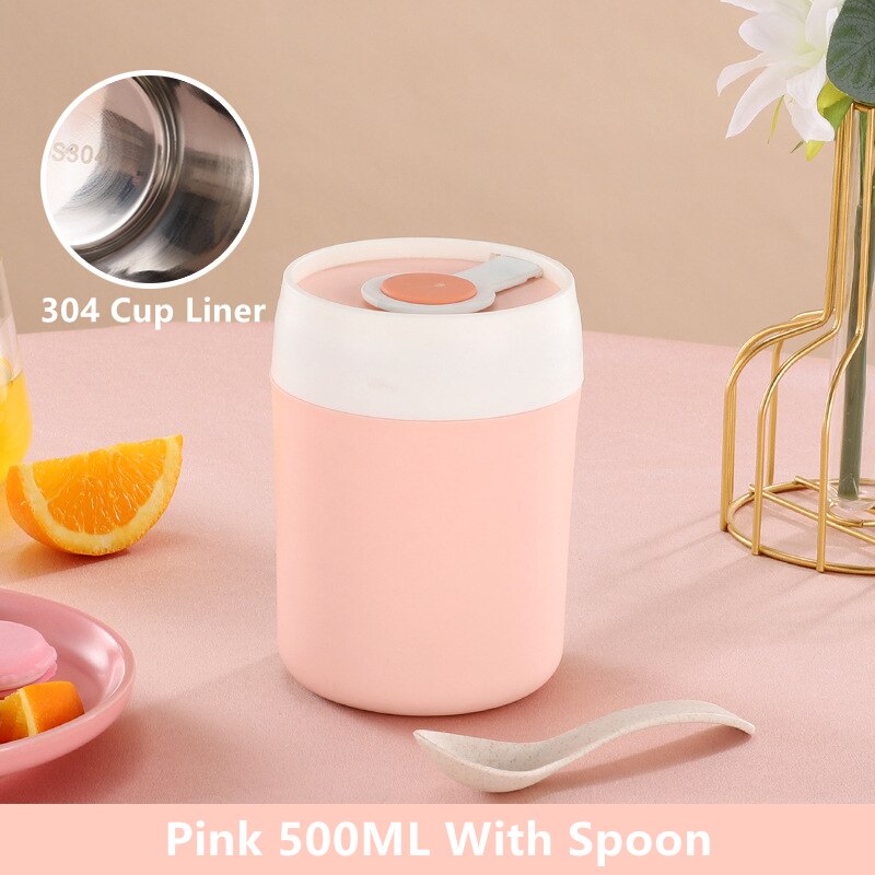 304 Stainless Steel Breakfast Cup Milk Oatmeal Insulation Cups Students Work Adult Insulating Soup Leakproof Cup With Spoon Lid: 304 Pink