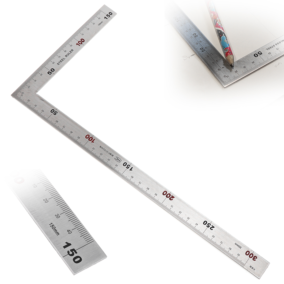 Double-sided Scale Right Angle Ruler Stainless Steel 150 x 300mm 90 Degree Angle Metric Rulers Measuring Tools