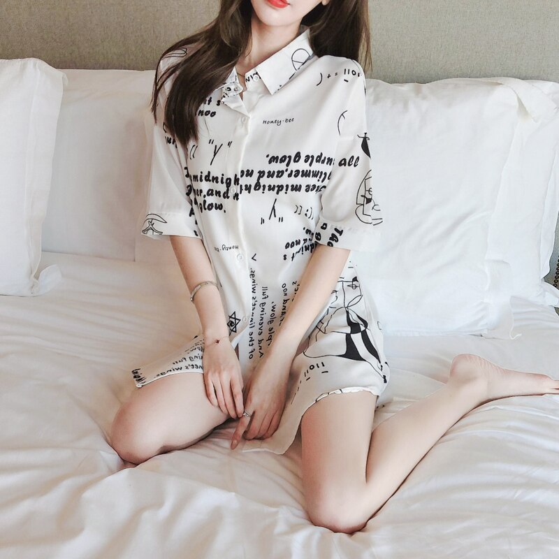 Zomer Vrouwen Wit Nachthemd Nachtkleding Turn-Down Kraag Sexy Chiffon Casual Modieuze Pyjama Halve Mouwen Print