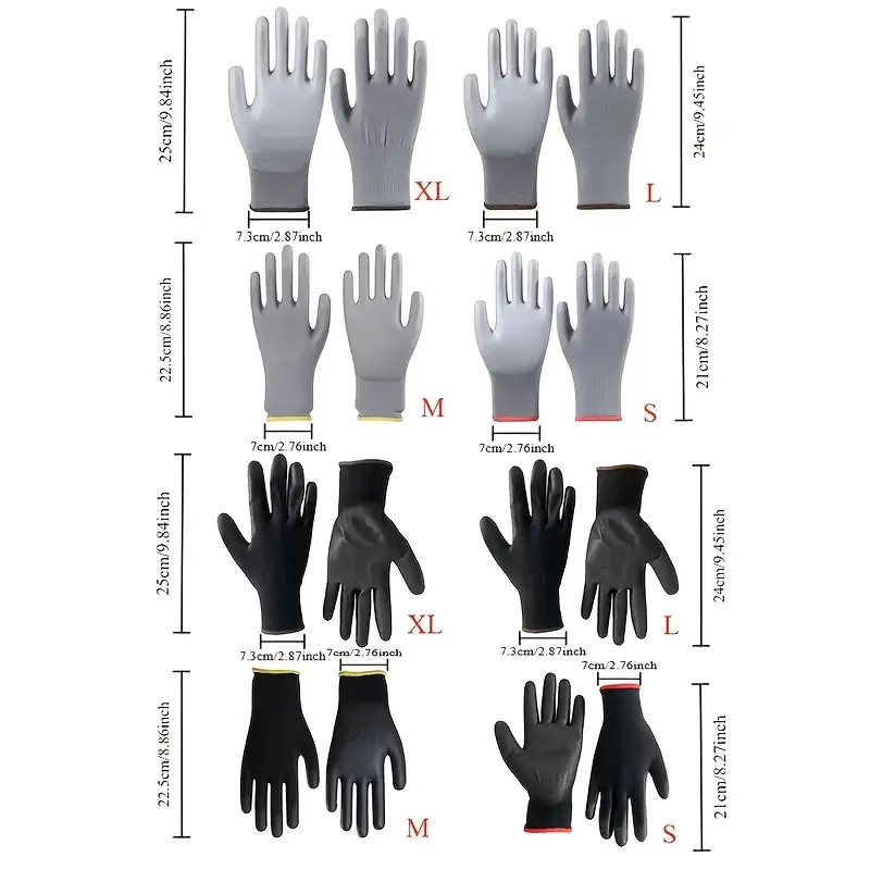 12 pares de guantes negros/grises/horticultura, guantes de trabajo de seguridad, guantes de reparación, guantes recubiertos de palma, suministros para reparadores de carpintero