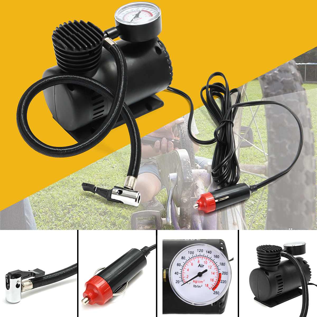 1PC Portable Electric Inflator Black 12V 300 PSI Mini Electric Air Compressor Kit Mini Car Tire Inflator For Ball Bicycle