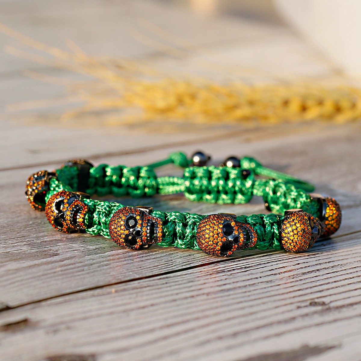 Pulsera trenzada a mano con calavera de circón para hombres y mujeres, cuentas de cobre, brazalete de cadena hecho a mano ajustable de Metal clásico: Verde Dragonly