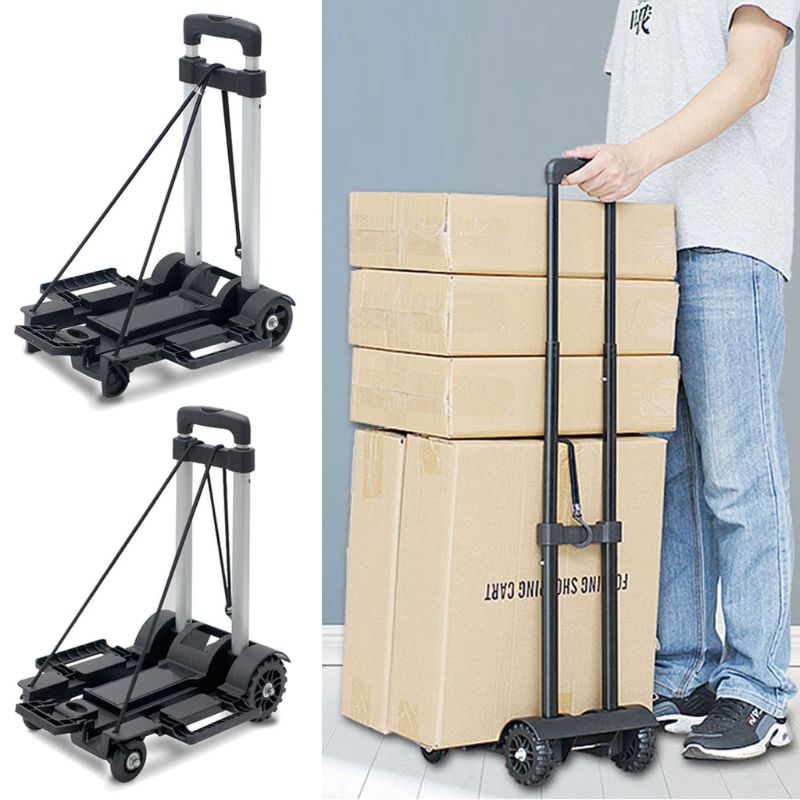 Carrito de equipaje plegable de aluminio ligero, carrito de mano plegable portátil, para viaje, mudanzas y uso en la oficina, color negro