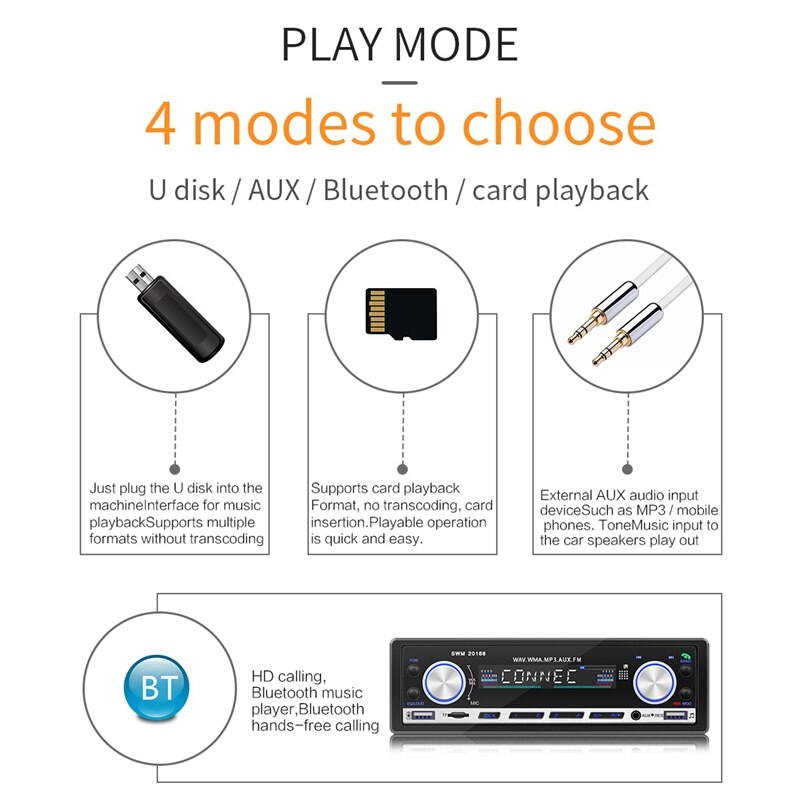 12V In-Dash 1Din Radio Car Bluetooth Autoradio Car Stereo Radio FM Aux Input Receiver TF USB Car Multimedia Player