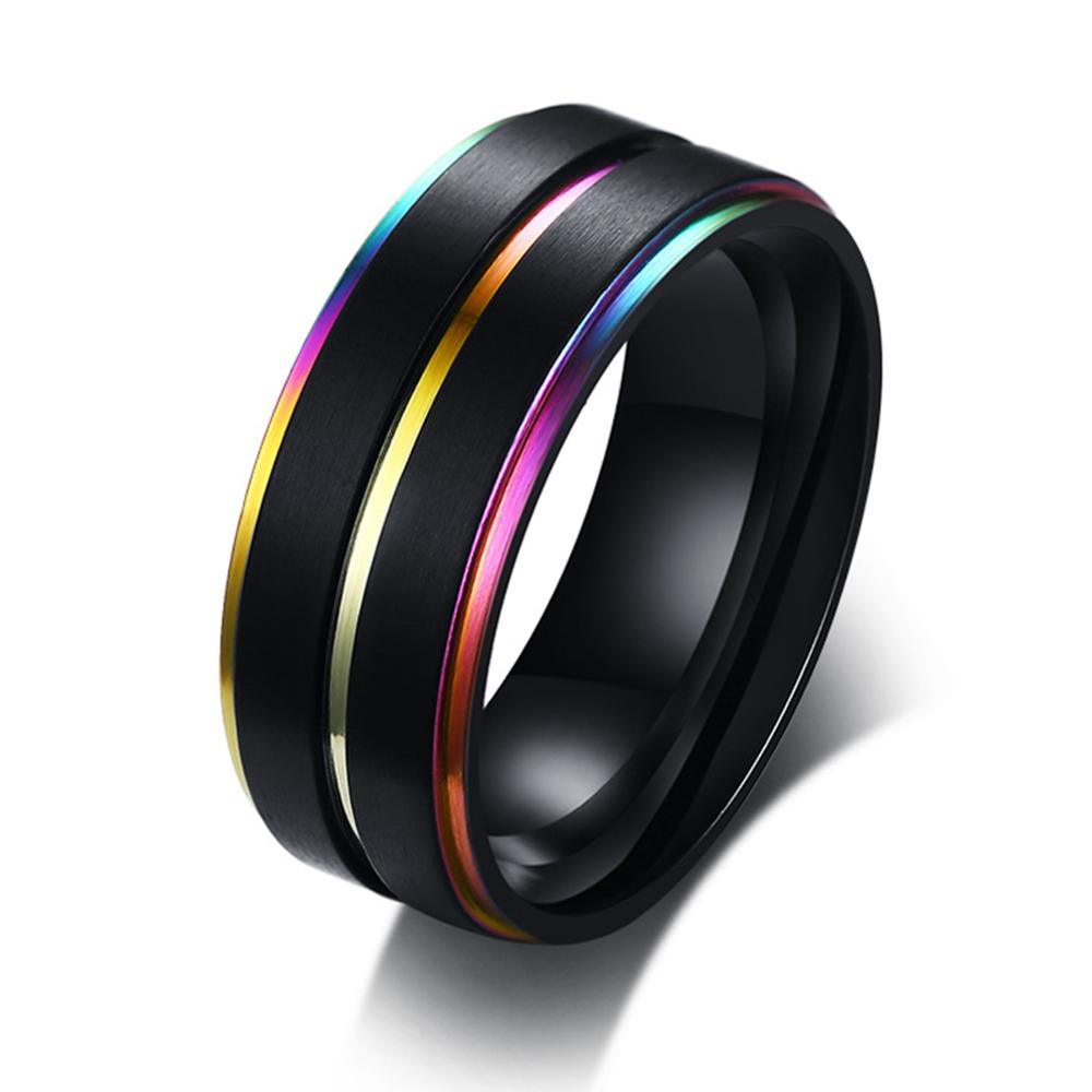 BONISKISS Stainless Steel Enamel Rainbow LGBT Pride Ring For Lesbian Gay Wedding Engagement Men Jewelry 8mm Wide: 7