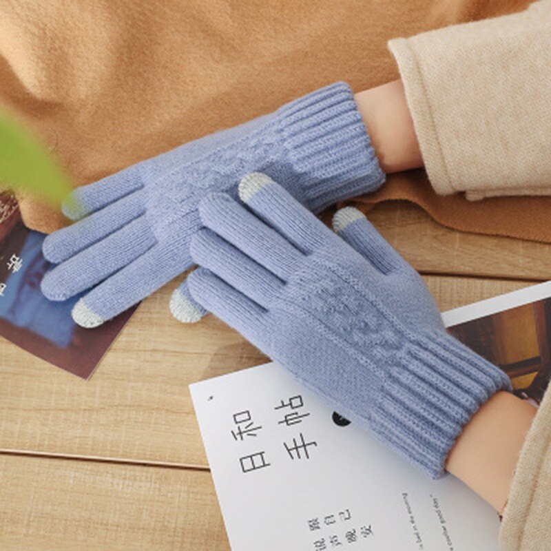 Guantes de punto de lana para mujer, guantes de lana trenzada con flores para pantalla táctil, invierno cálido, Jacquard de Cachemira, además de terciopelo, guante de conducción de abrigo grueso H48: Blue
