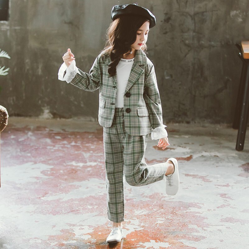 Ensemble de vêtements d'automne pour filles et adolescentes, veste + pantalon à carreaux, survêtement scolaire, vêtements pour enfants de 4 à 13 ans