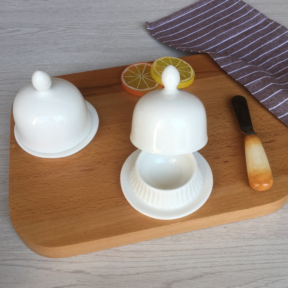 white ceramic round shape mini cute butter dish with lid 3.5 inch