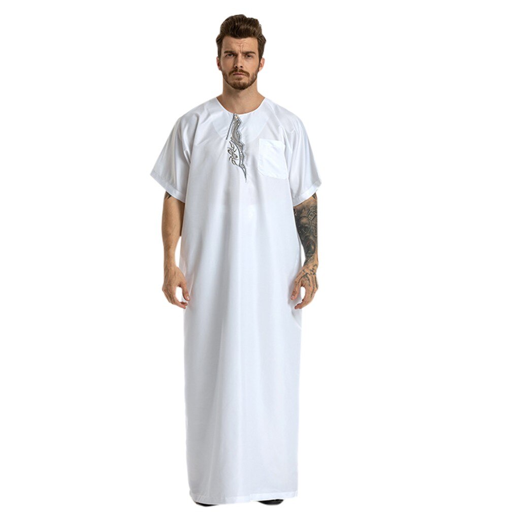 Arabische Moslemische Kleidung Männer Jubah Thobe Ethnische Roben Kurzarm Islamischen Pakistan Nahen Osten max Kleid Kaftan Saudi-arabien Männer: Weiß / L