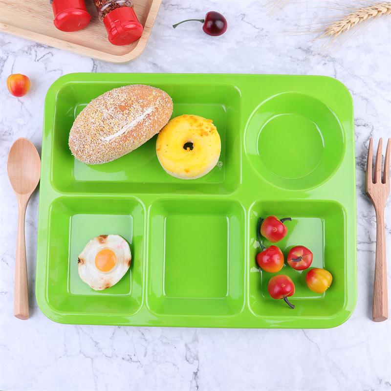 Plateau à dîner divisé en plastique 5 Sections, grille assiette à déjeuner, conteneur pour la vaisselle de la cantine scolaire