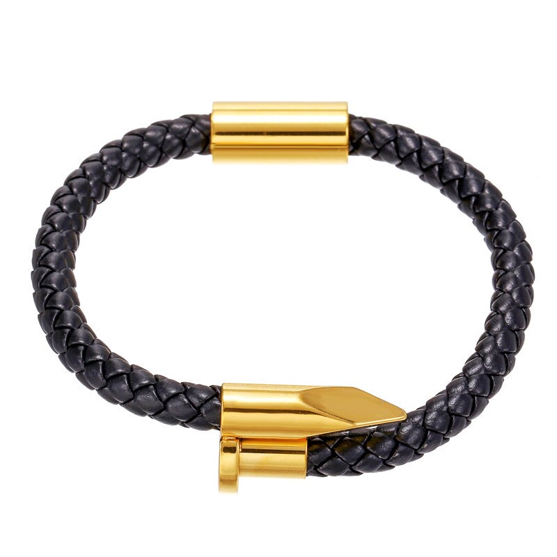 Nagel Vorm Bedels Gevlochten Zwart Lederen Armband Punk Mannen Sieraden Stainlee Stalen Metalen Sieraden