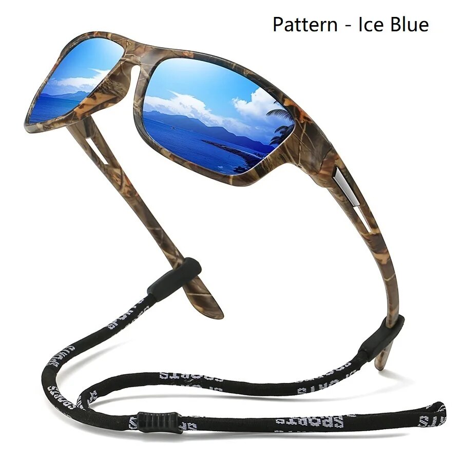 Gafas de sol polarizadas con patrón de camuflaje para hombre y mujer, lentes de sol deportivas con cadena, para ciclismo, escalada, esquí, UV400: Ice Blue