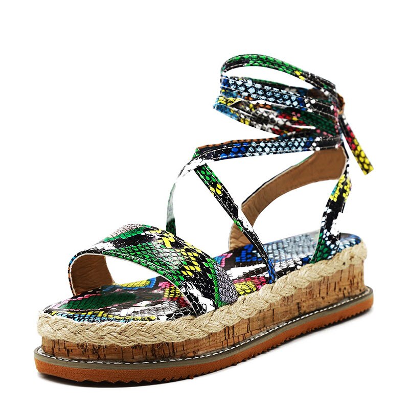Sandalias de serpiente de verano para mujer, tacones de plataforma, correa cruzada, tobillo, encaje, Peep Toe, , zapatos de de playa para mujer