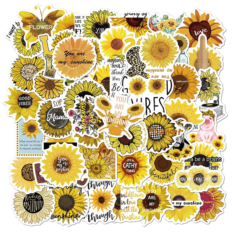 50PCS Plant Beautiful Sunflower Stickers For DIY Stationery Skateboard Guitar Sun Flower Waterproof Decals Laptop Stickers Pack