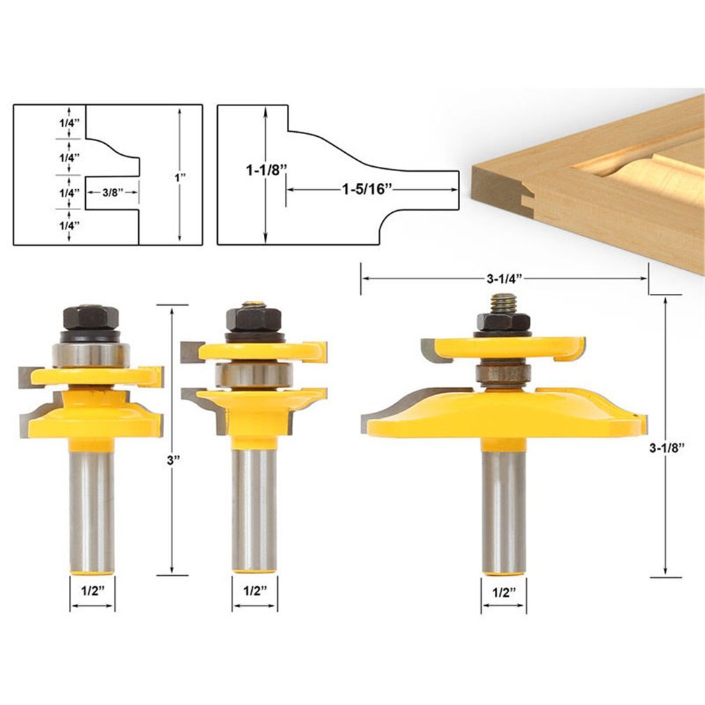 3pcs 1/2 '' Shaft Rail & Stile Blade Cutter Panel Cabinet Router Bits Set Milling Power Tools by Knife Wood Cutter