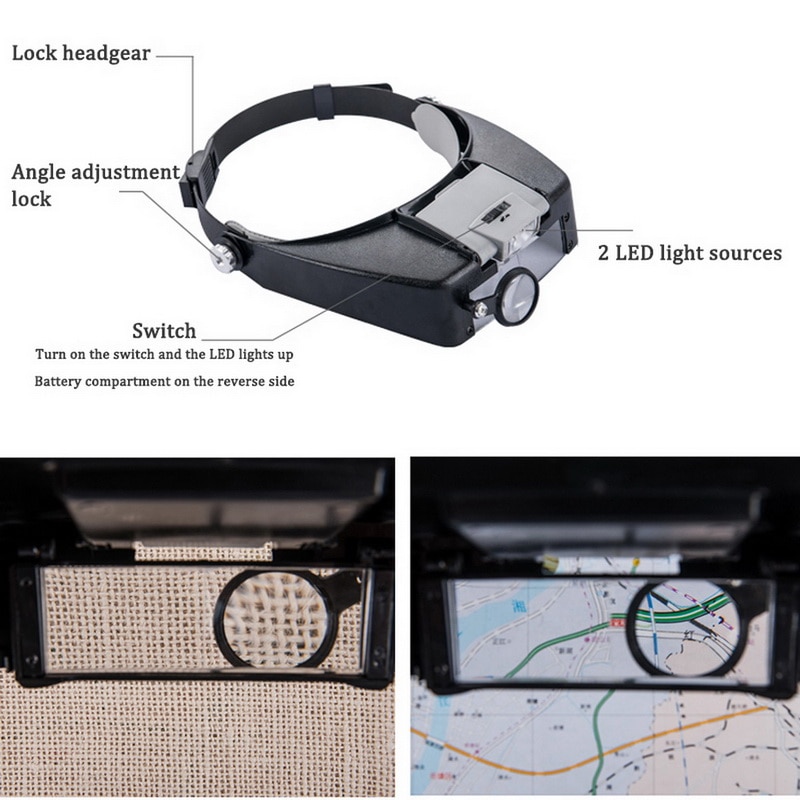 LED Light Head Lamp Head WearMagnifier Adjustable Size Headband Magnifying Lenses Repair Work Light High Transparency Lenses