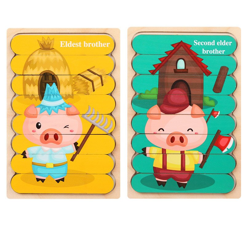 2Pcs Kids 3D Strip Jigsaw Puzzle Cartoon Animals/traffic Wooden Toy Early Learning Toys For Children Montessori Educational