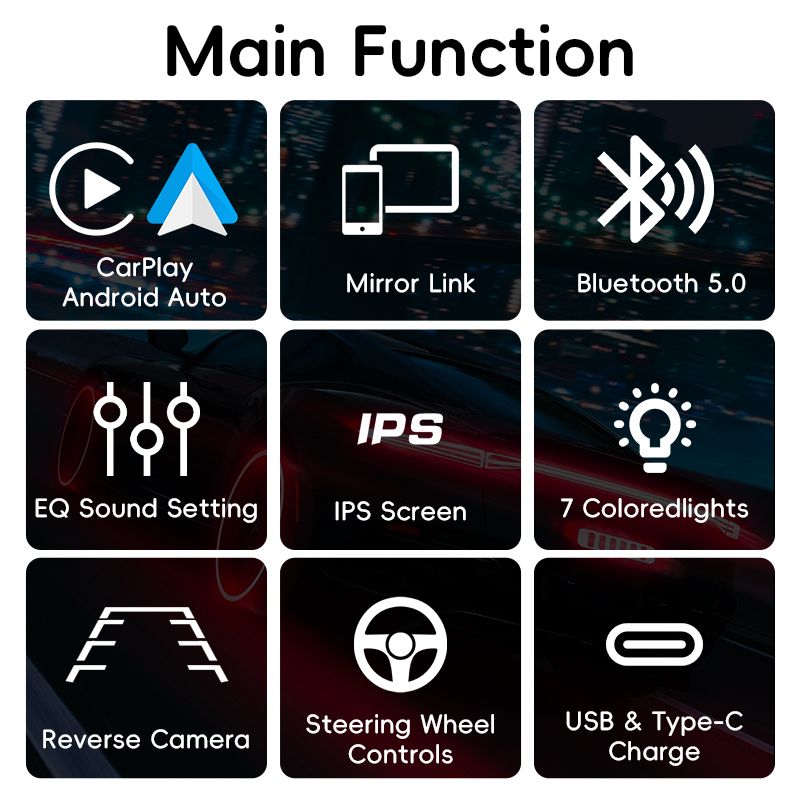 Rádio automotivo 6.86 polegadas carplay android auto 1din reprodutor estéreo de carro vídeo multimídia com bt fm usb tipo-c carga espelho link