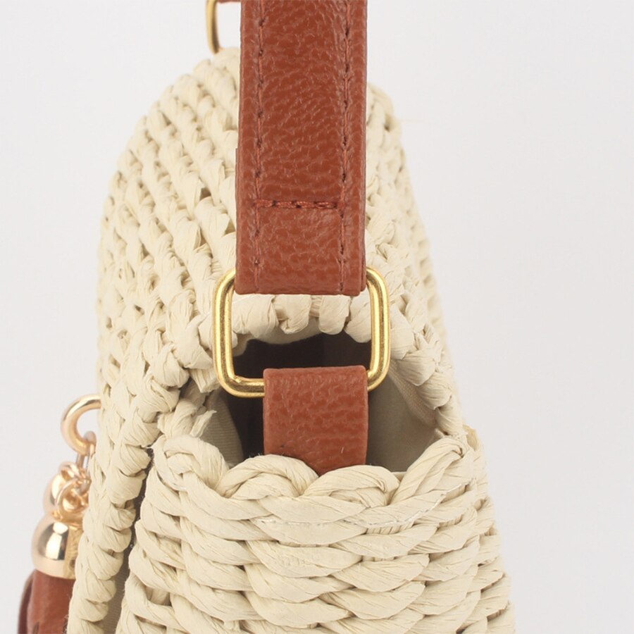 Bolso de mimbre de paja tejida para mujer, bolso de hombro con solapa, informal, pequeño, de borla, para playa, cruzado, para verano,