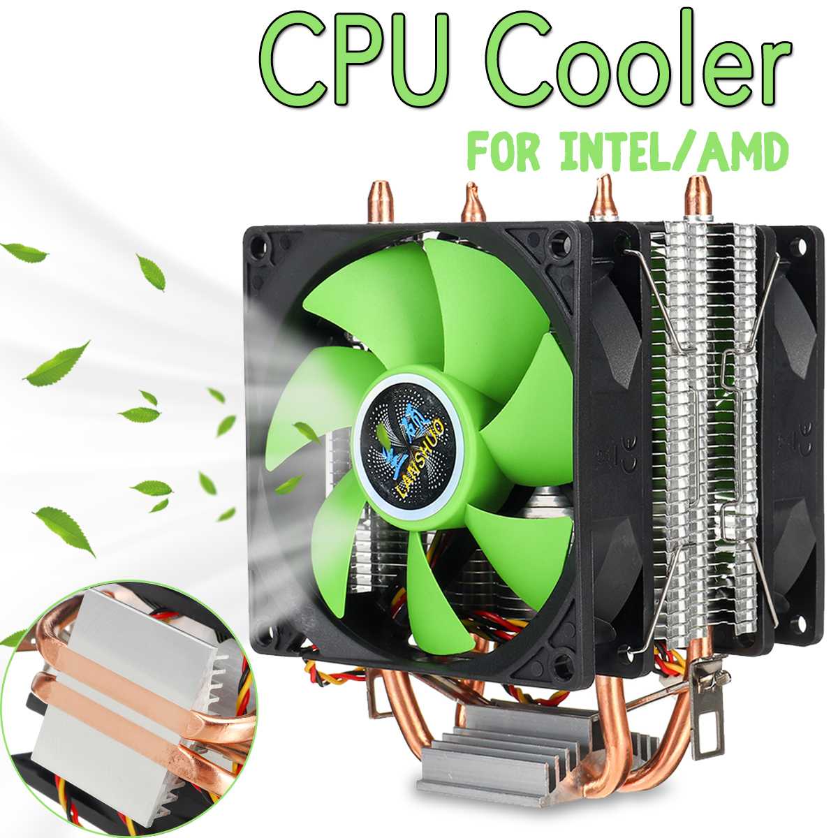Dc 12V 3/4Pin Cpu Cooler Fan Kleurrijke Backlight 90 Mm Cpu Koelventilator Pc Heatsink Cooler Voor intel/Amd Voor Pc Computer Case Fan: No light 2 fan Green