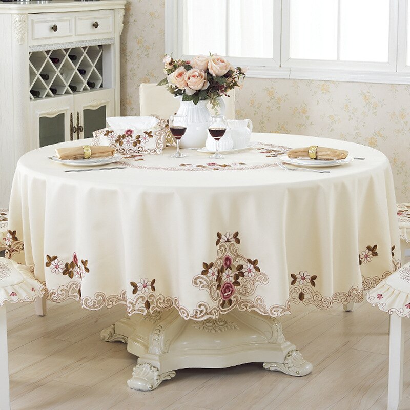 European-style Embroidered Round Table Round Tablecloth Household Hollow Pastoral Tablecloth Chair Cushion Chair Cover Set