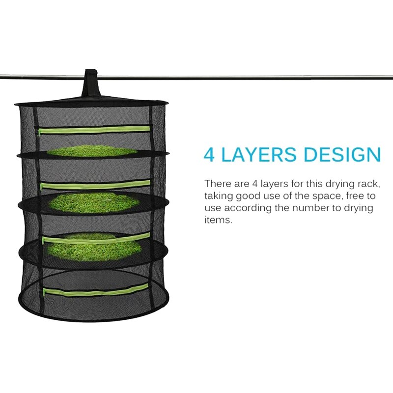 Drying Net 4-Layer Hanging Basket with Zipper Folding Dry Rack Dryer Bag Mesh for Herbs Flowers Buds Planting Drying