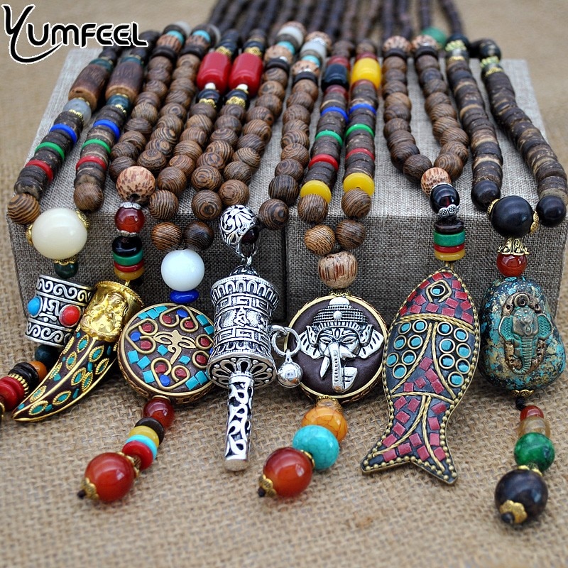 Yumfeel Handgemaakte Nepal Sieraden Boeddhistische Mala Hout Kralen Hanger Ketting Etnische Hoorn Vis Lange Verklaring Ketting Voor Vrouwen Mannen