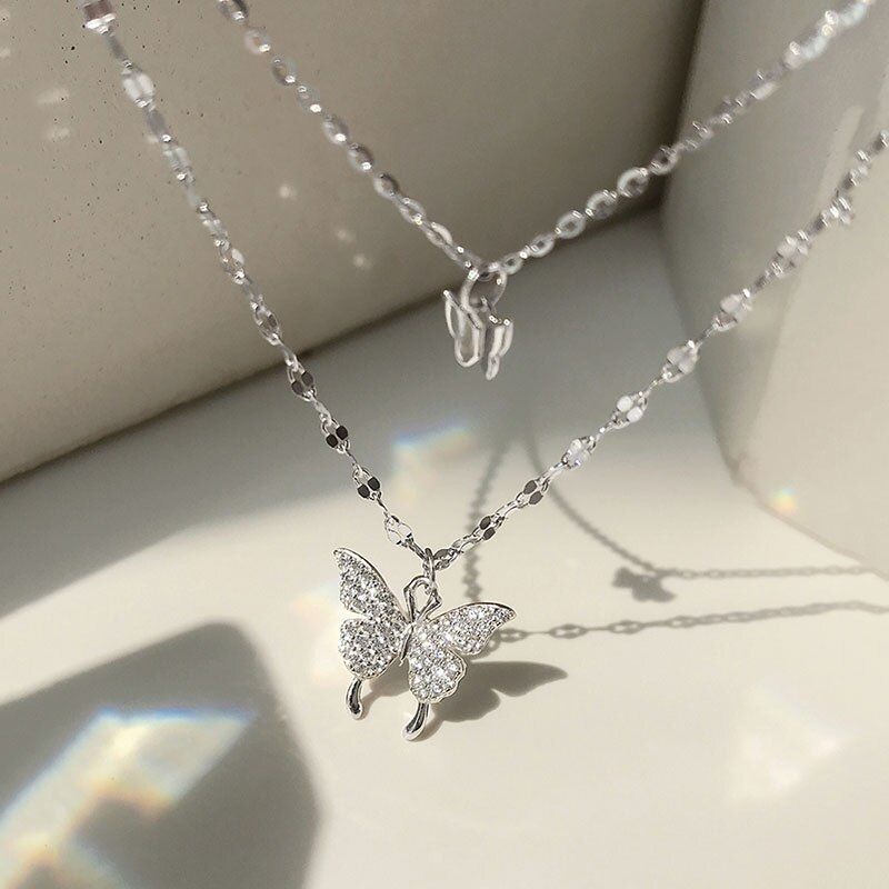 ANENJERY 925 Sterling Silver Shiny CZ Butterfly Necklace for Women Dainty Double Layer Clavicle Chain Necklace Jewelry S-N173