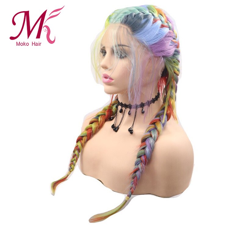 Moko Hair-peluca arcoíris trenzada de colores, peluca con malla frontal Rubia de parte media con pelo Natural, pelucas con doble Trenza para mujeres negras