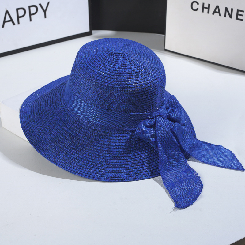 Beach Hat Japanese Everything Hairy Edge Straw Hats Female Summer Flat Top Outing Sun Hats Small Fresh Bow Sun Shade Beach Hat: Blue